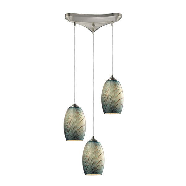 Tidewaters 3 Light Pendant In Satin Nickel And Seafoam Glass