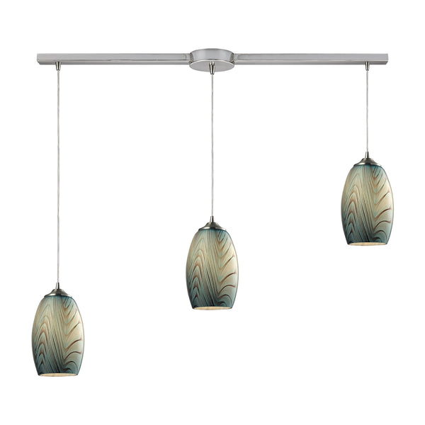 Tidewaters 3 Light Pendant In Satin Nickel And Seafoam Glass