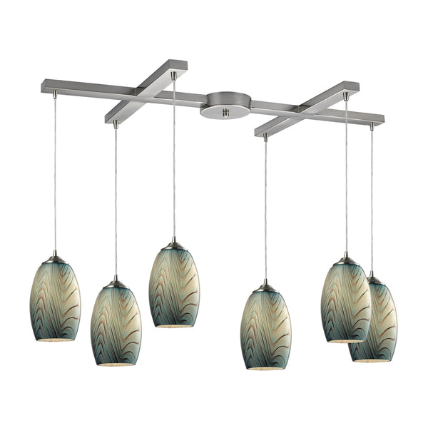 Tidewaters 6 Light Pendant In Satin Nickel And Seafoam Glass