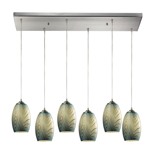 Tidewaters 6 Light Pendant In Satin Nickel And Seafoam Glass