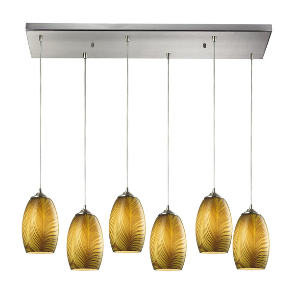 Tidewaters 6 Light Pendant In Satin Nickel And Amber Glass