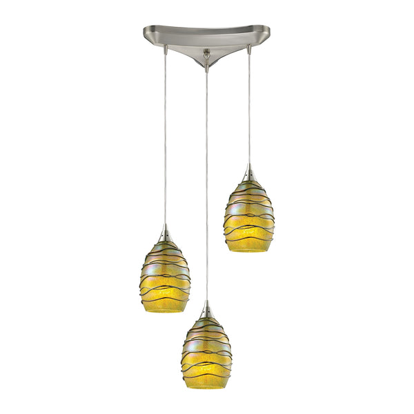 Vines 3 Light Pendant In Satin Nickel And Charteuse Glass