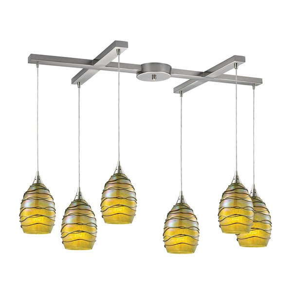 Vines 6 Light Pendant In Satin Nickel And Charteuse Glass