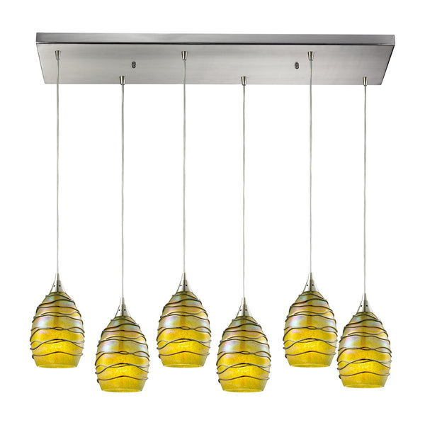 Vines 6 Light Pendant In Satin Nickel And Charteuse Glass