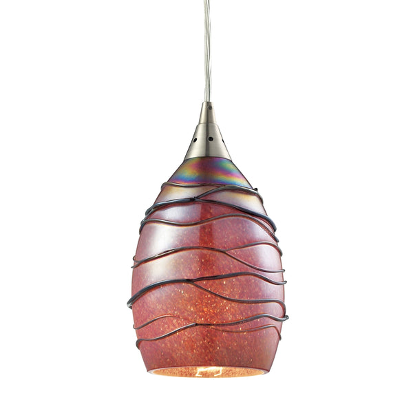 Vines 1 Light Pendant In Satin Nickel And Rhubarb Glass