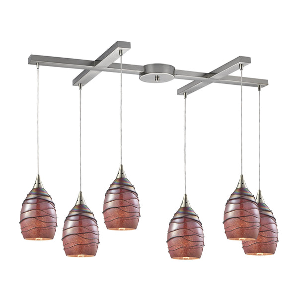 Vines 6 Light Pendant In Satin Nickel And Rhubarb Glass