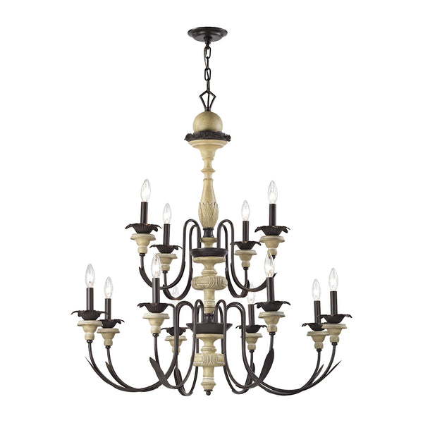 Channery Point 12 Light Chandelier In Aged Cream And Oil Rubbed Bronze