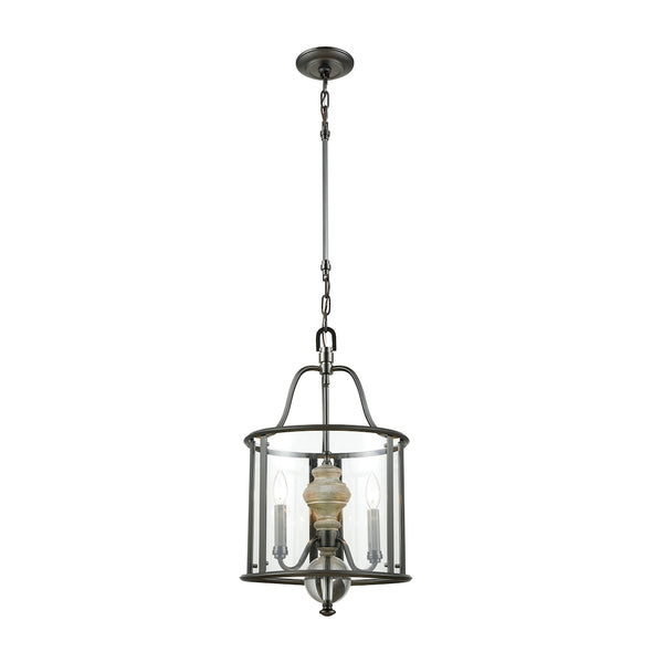 Neo Classica 3 Light Chandelier In Aged Black Nickel With Weathered Birch Finished Wood And Clear Crystal Ball