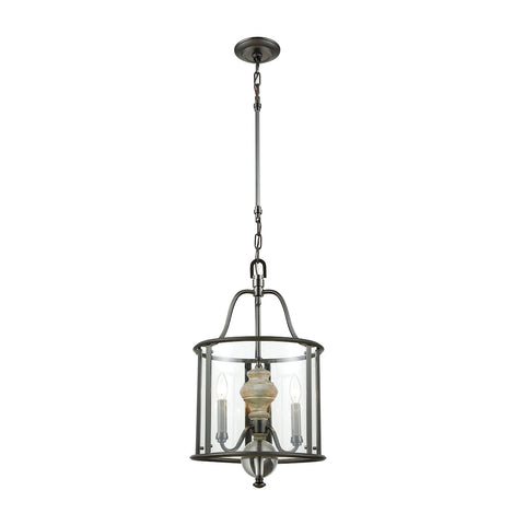 Neo Classica 3 Light Chandelier In Aged Black Nickel With Weathered Birch Finished Wood And Clear Crystal Ball
