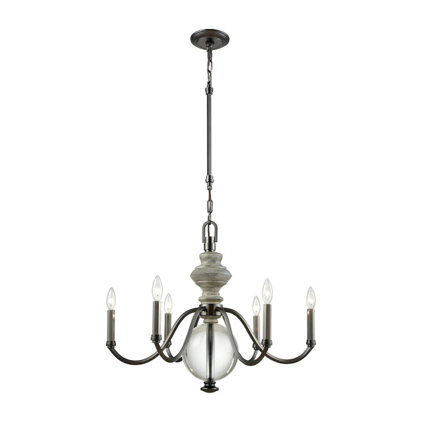 Neo Classica 6 Light Chandelier In Aged Black Nickel With Weathered Birch Finished Wood And Clear Crystal Ball