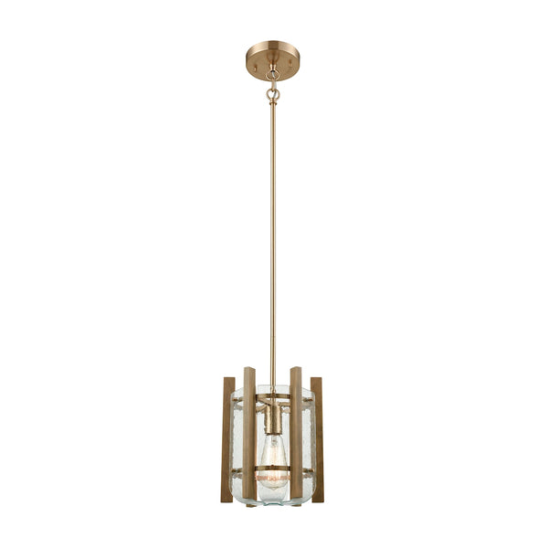 Vindalia 1 Light Pendant In Satin Brass With Wood Slats And Curved Glass