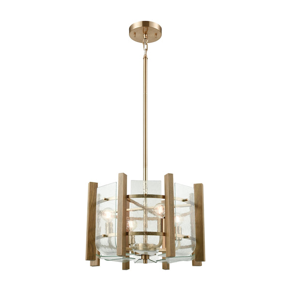Vindalia 4 Light Chandelier In Satin Brass With Wood Slats And Curved Glass
