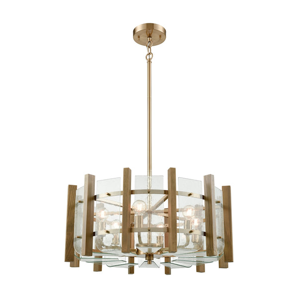 Vindalia 6 Light Chandelier In Satin Brass With Wood Slats And Curved Glass