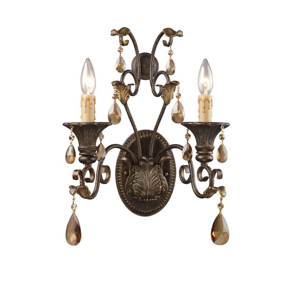 Rochelle 2 Light Sconce In Weathered Mahogany And Amber Crystal