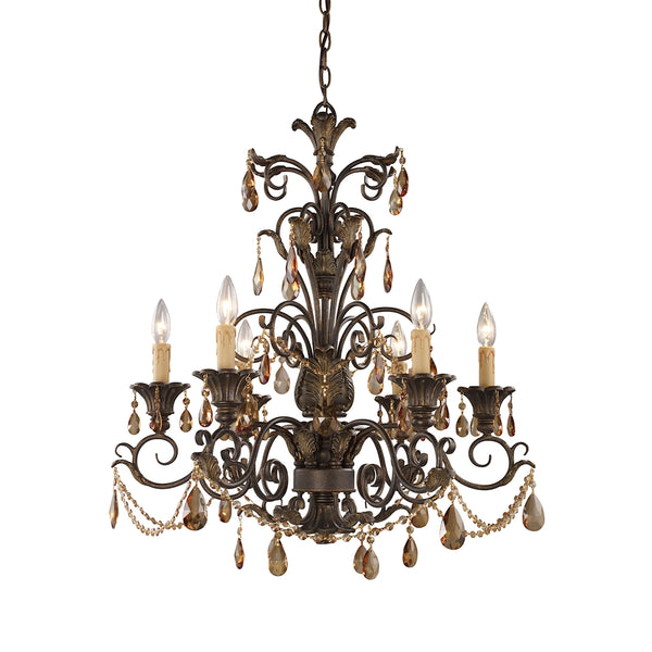 Rochelle 6 Light Chandelier In Weathered Mahogany And Amber Crystal