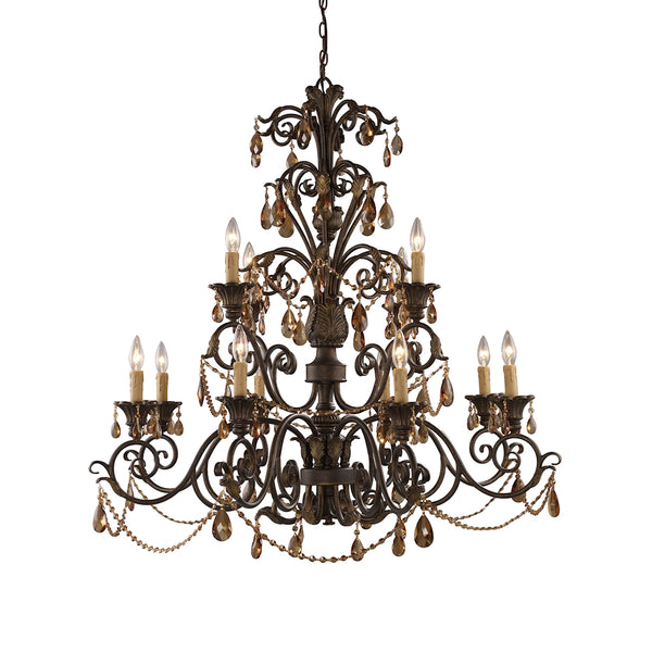 Rochelle 12 Light Chandelier In Weathered Mahogany And Amber Crystal