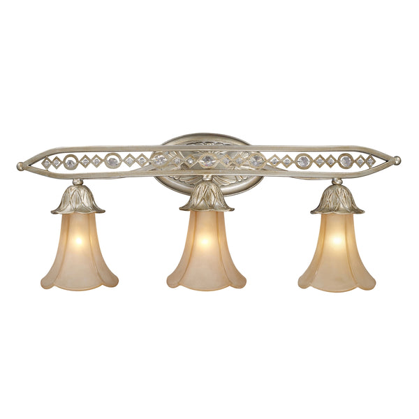 Chelsea 3 Light Vanity In Aged Silver And Beige Frosted Glass