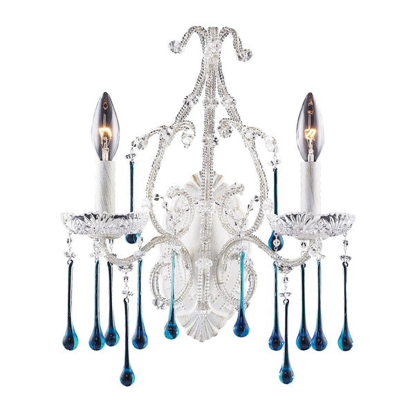 Opulence 2 Light Wall Sconce In Antique White And Aqua Crystal