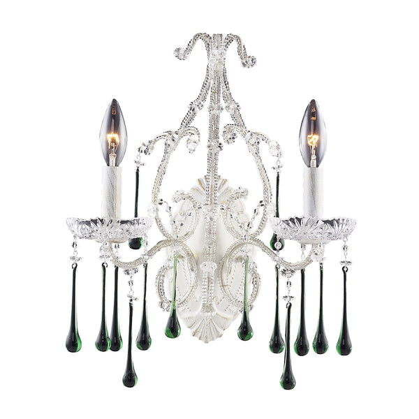 Opulence 2 Light Wall Sconce In Antique White And Lime Crystal