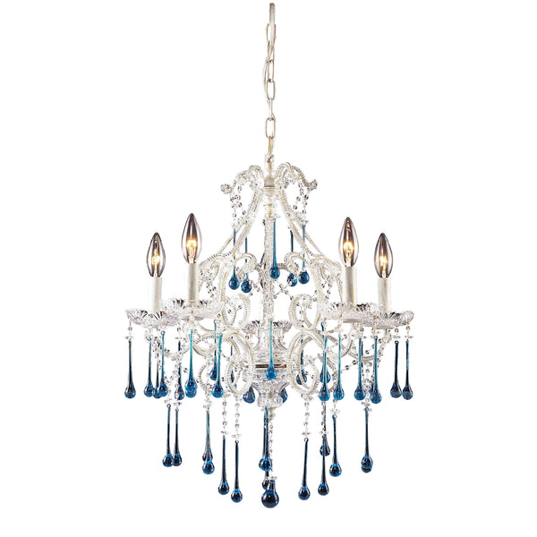 Opulence 5 Light Chandelier In Antique White And Aqua Crystal