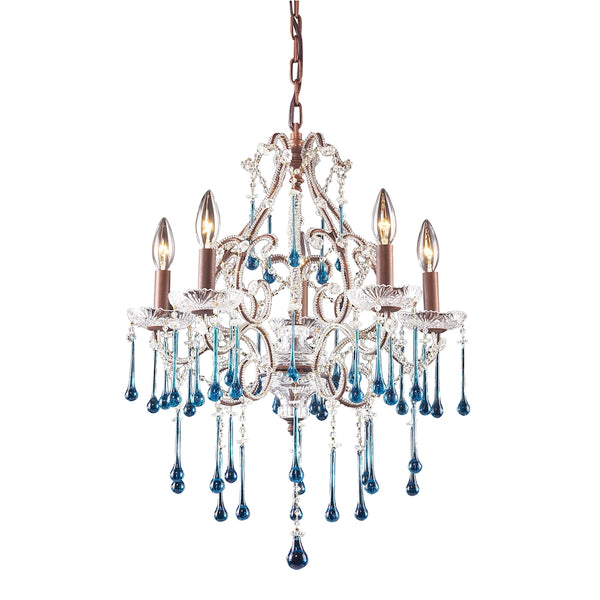 Opulence 5 Light Chandelier In Rust And Aqua Crystal