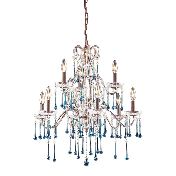 Opulence 9 Light Chandelier In Rust And Aqua Crystal