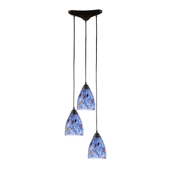 Classico 3 Light Pendant In Dark Rust And Starburst Blue Glass