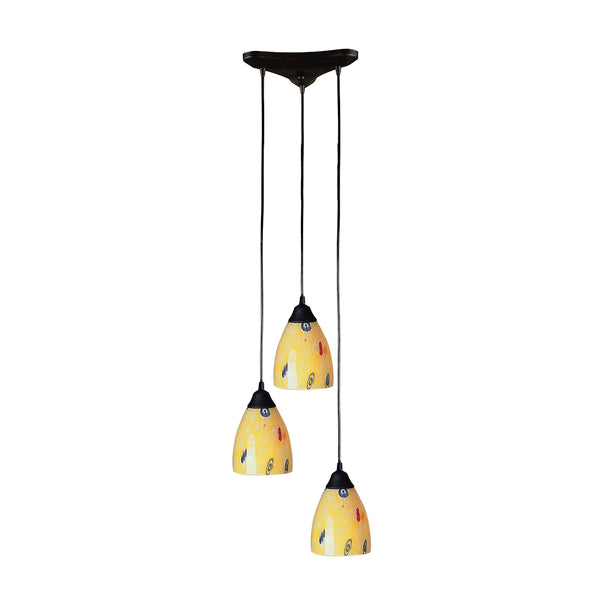 Classico 3 Light Pendant In Dark Rust And Yellow Blaze Glass