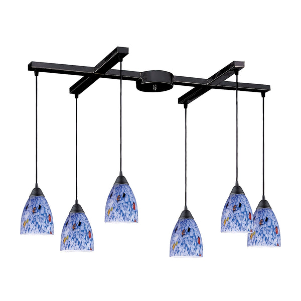 Classico 6 Light Pendant In Dark Rust And Starburst Blue Glass