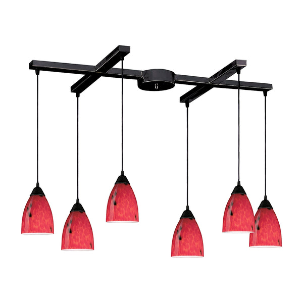 Classico 6 Light Pendant In Dark Rust And Fire Red Glass