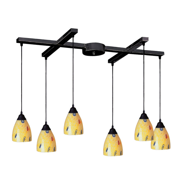 Classico 6 Light Pendant In Dark Rust And Yellow Blaze Glass