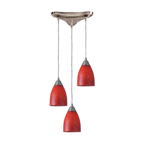 Arco Baleno 3 Light Pendant In Satin Nickel And Scarlet Red Glass