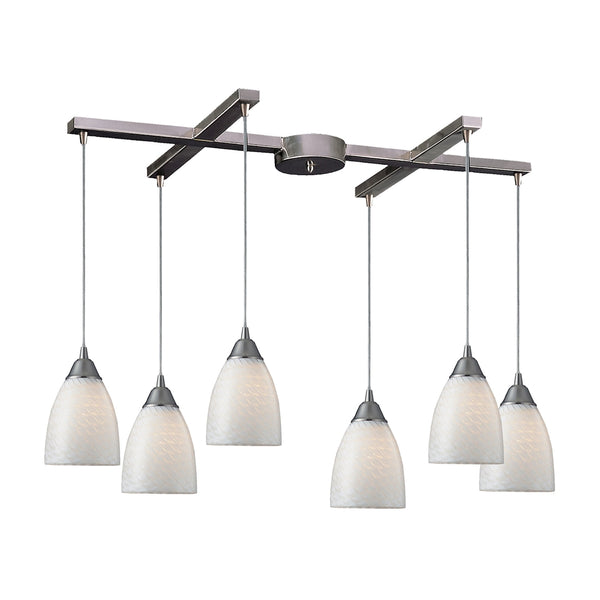 Arco Baleno 6 Light Pendant In Satin Nickel And White Swirl Glass