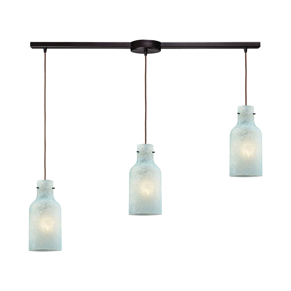 Weatherly 3 Light Linear Bar Pendant In Oil Rubbed Bronze With Chalky Seafoam Glass
