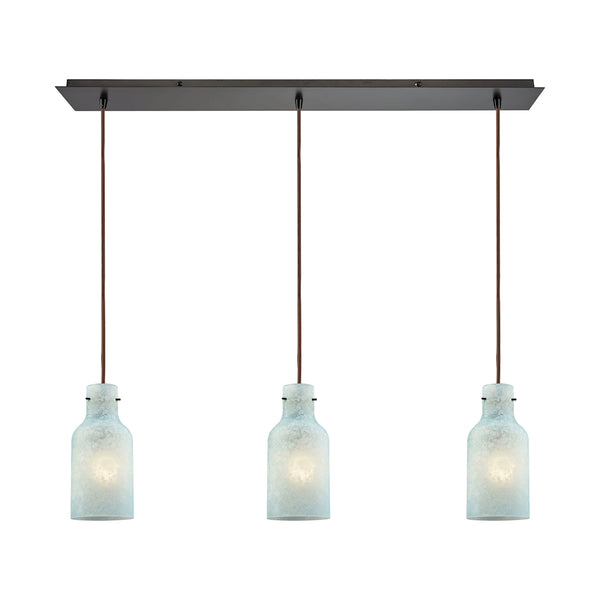 Weatherly 3 Light Linear Pan Pendant In Oil Rubbed Bronze With Chalky Seafoam Glass