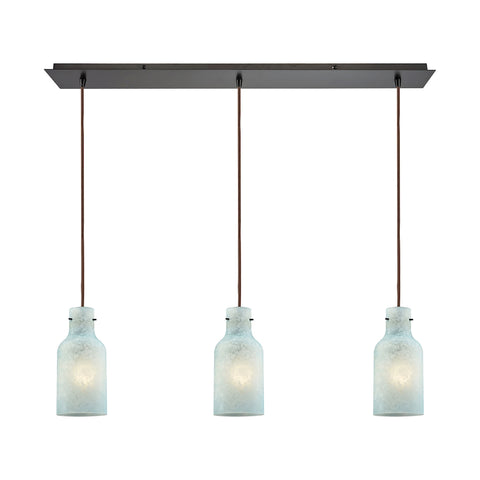 Weatherly 3 Light Linear Pan Pendant In Oil Rubbed Bronze With Chalky Seafoam Glass