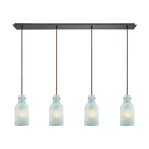 Weatherly 4 Light Linear Pan Pendant In Oil Rubbed Bronze With Chalky Seafoam Glass