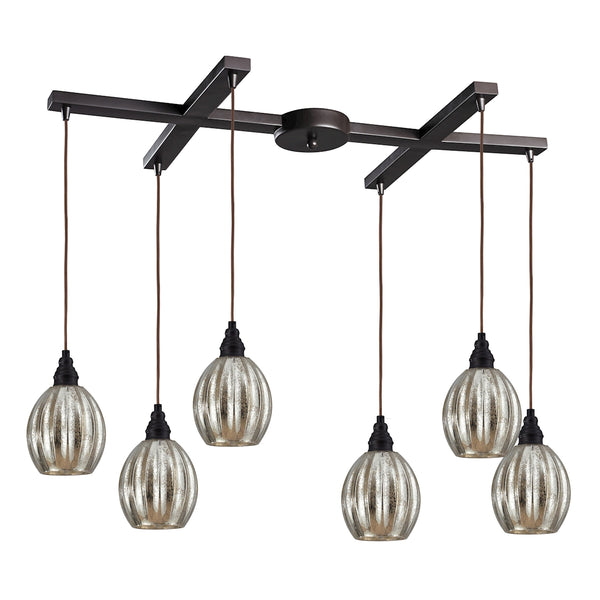 Danica 6 Light Pendant In Oiled Bronze And Mercury Glass