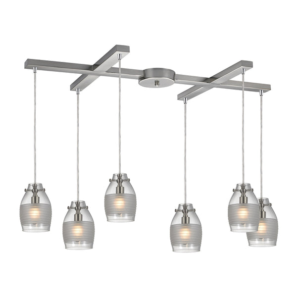 Carved Glass 6 Light Pendant In Brushed Nickel