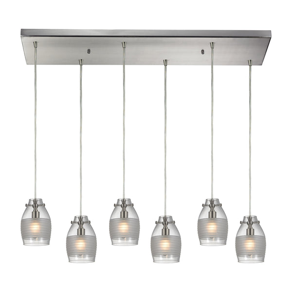 Carved Glass 6 Light Pendant In Brushed Nickel