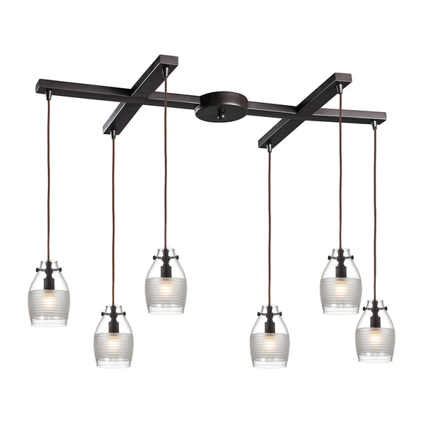 Carved Glass 6 Light Pendant In Oil Rubbed Bronze