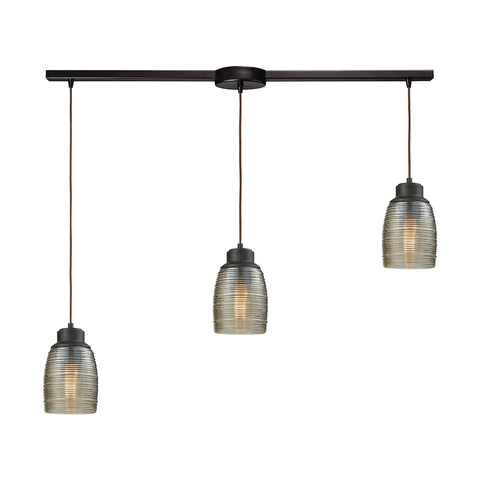 Muncie 3 Light Linear Bar Pendant In Oil Rubbed Bronze With Champagne Plated Spun Glass