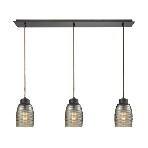 Muncie 3 Light Linear Pan Pendant In Oil Rubbed Bronze With Champagne Plated Spun Glass