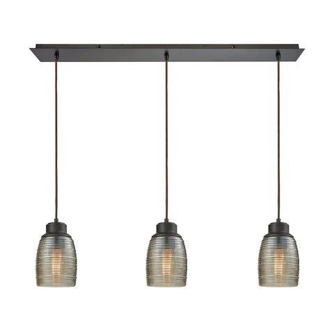Muncie 3 Light Linear Pan Pendant In Oil Rubbed Bronze With Champagne Plated Spun Glass