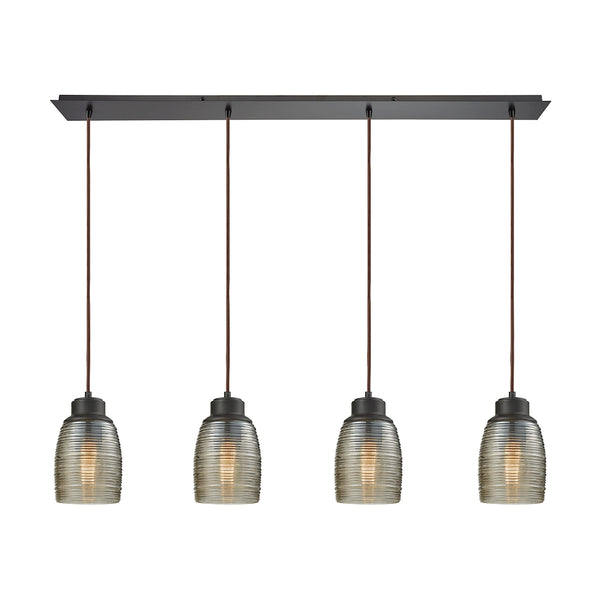 Muncie 4 Light Linear Pan Pendant In Oil Rubbed Bronze With Champagne Plated Spun Glass