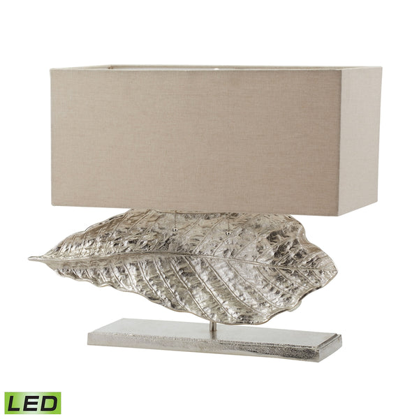 Wide Leaf LED Table Lamp in Nickel With Natural Linen Shade