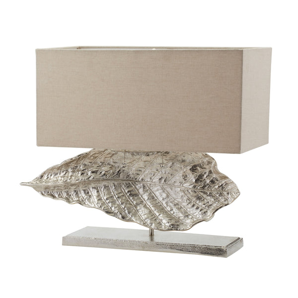 Wide Leaf Table Lamp in Nickel With Natural Linen Shade