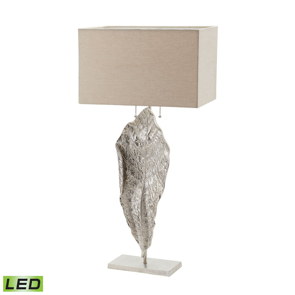 Tall Leaf LED Table Lamp in Nickel With Natural Linen Shade