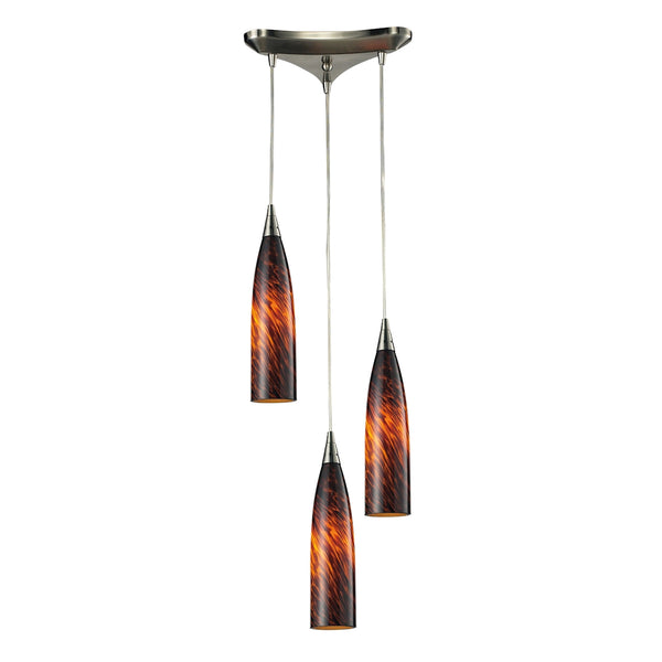 Lungo 3 Light Pendant In Satin Nickel And Espresso Glass