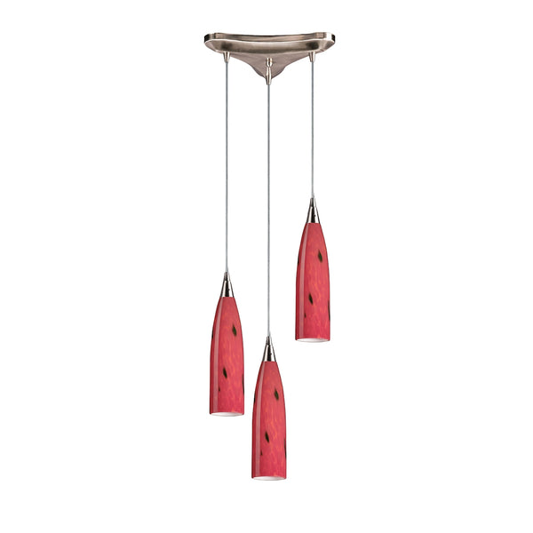 Lungo 3 Light Pendant In Satin Nickel And Fire Red Glass